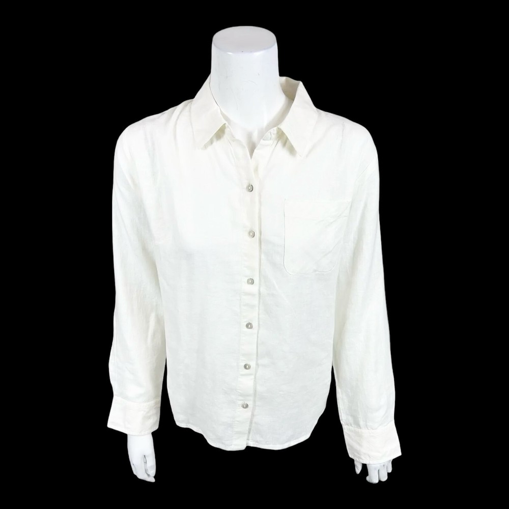 Candace Cameron Bure Reg. Linen Blend Button-Front Shirt Top White X-Small Size